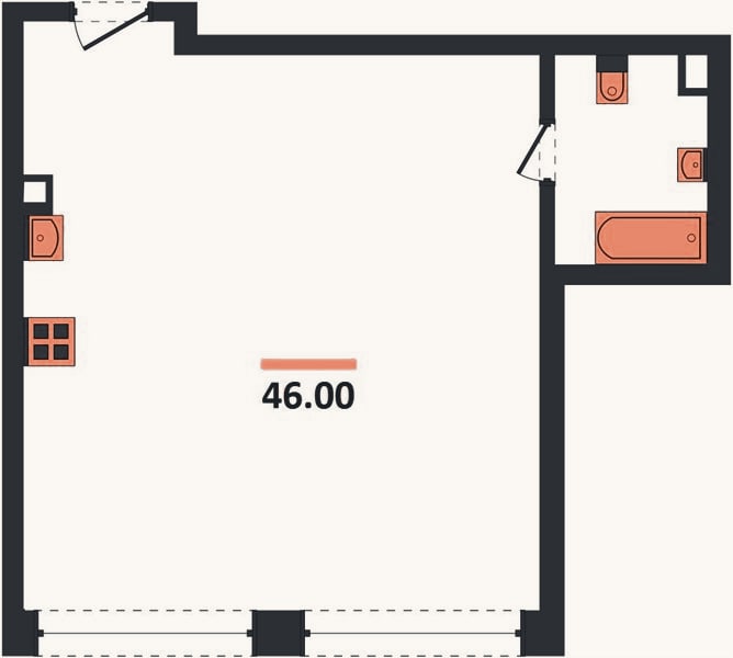Планировка: 1-к, 46 м²