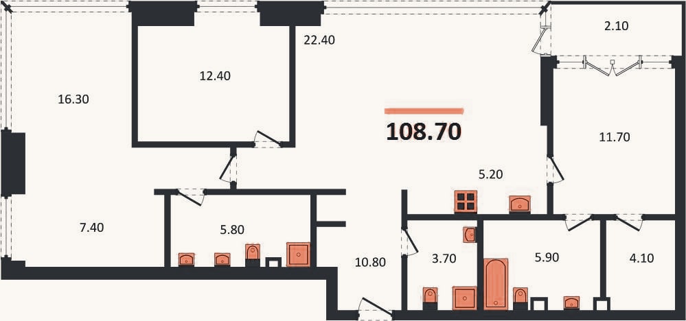 Планировка: 3-к, 108,7 м²