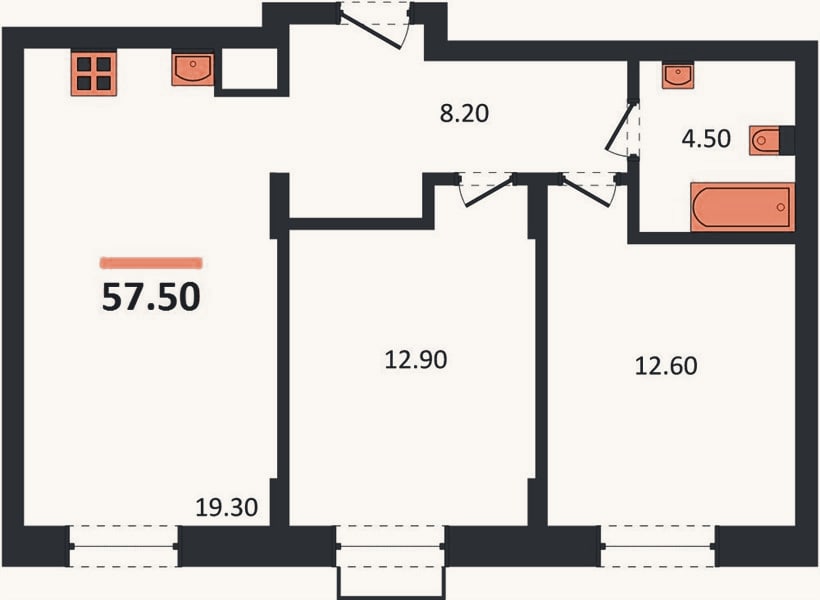 Планировка: 2-к, 57,5 м²