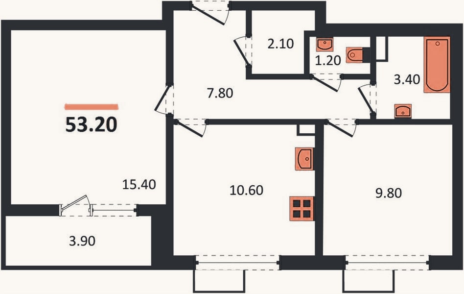 Планировка: 2-к, 53,2 м²