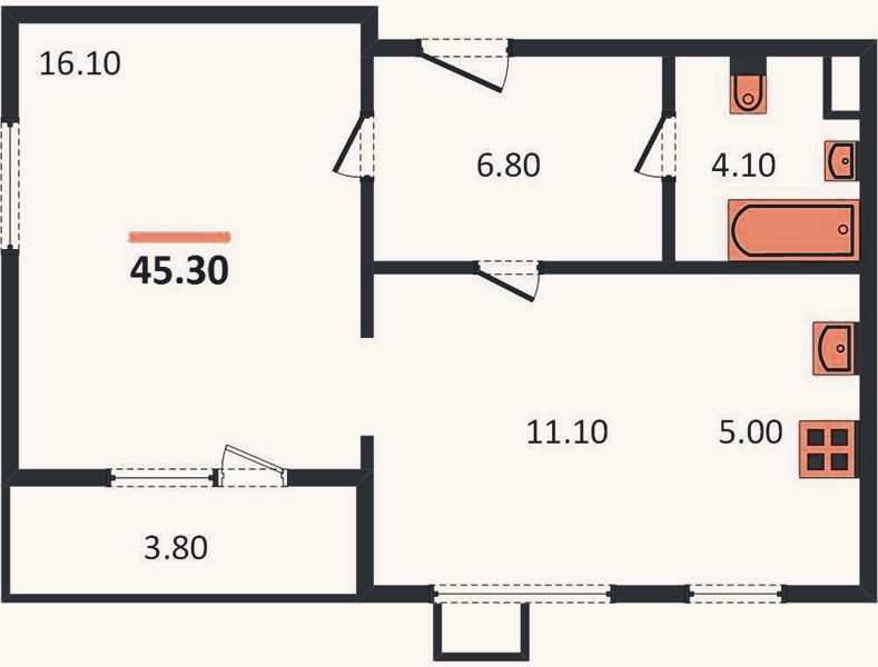 Планировка: 1-к, 45,3 м²
