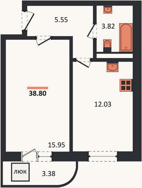 Планировка: 1-к, 39 м²