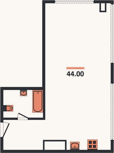 Планировка: 1-к, 44 м²