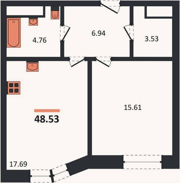 Планировка: 1-к, 48,5 м²