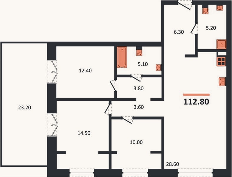 Планировка: 3-к, 112,8 м²