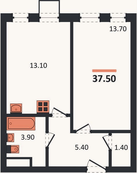 Планировка: 1-к, 37,5 м²