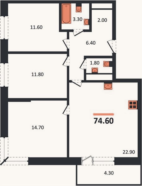 Планировка: 3-к, 74,6 м²