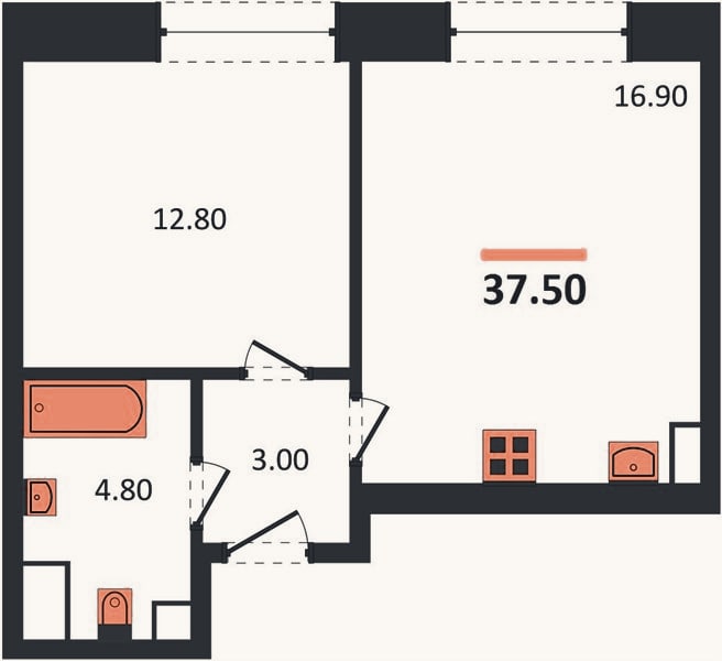 Планировка: 1-к, 37,5 м²