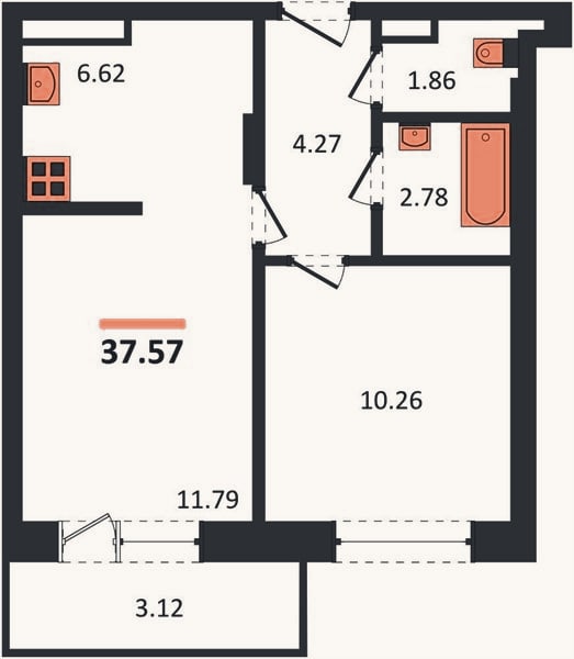 Планировка: 1-к, 37,6 м²