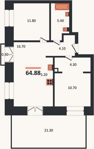 Планировка: 2-к, 64,9 м²