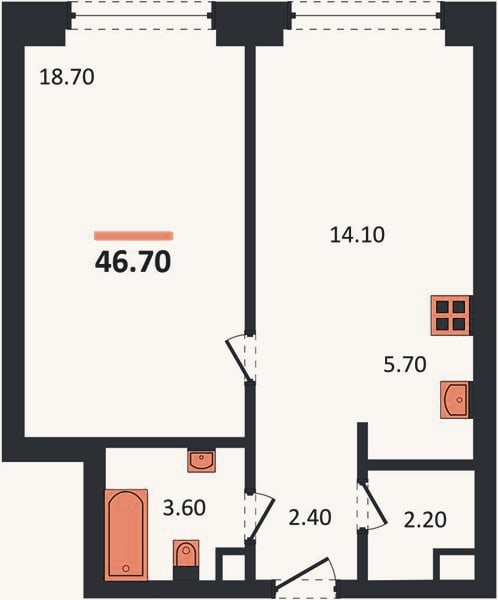 Планировка: 1-к, 46,7 м²
