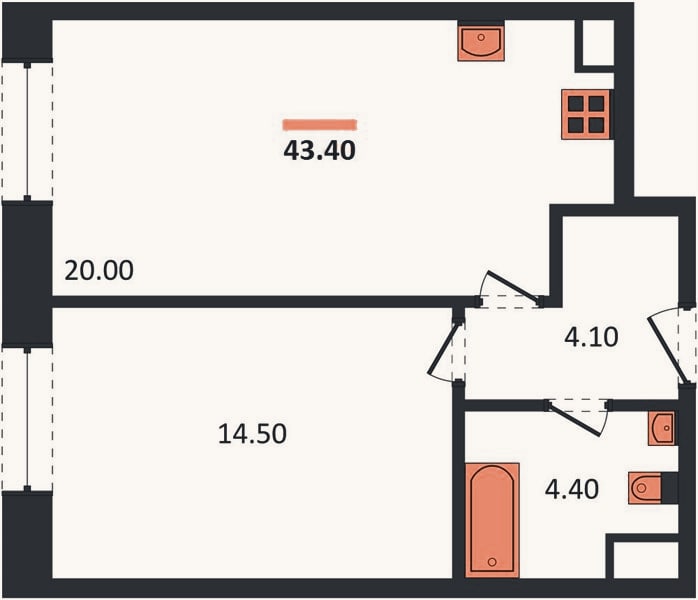 Планировка: 1-к, 43,4 м²