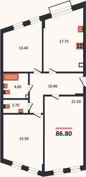 Планировка: 3-к, 86,8 м²