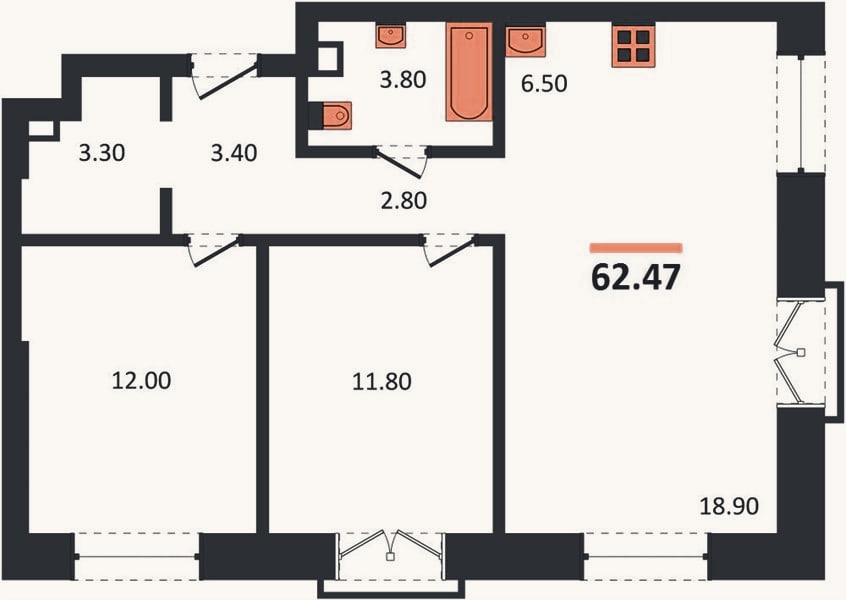 Планировка: 2-к, 62,5 м²