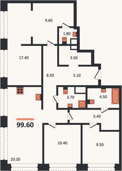 Планировка: 3-к, 100,2 м²