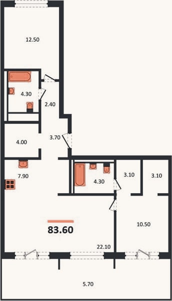 Планировка: 2-к, 83,6 м²