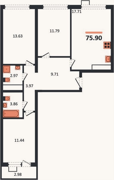 Планировка: 3-к, 75,9 м²
