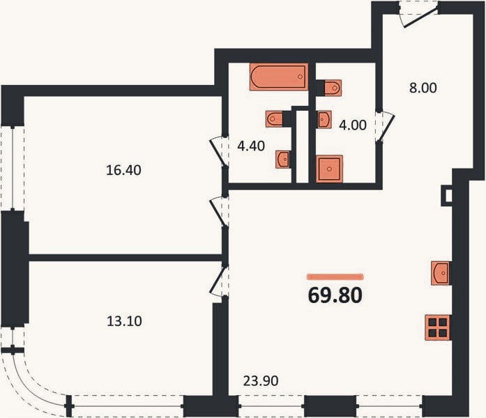 Планировка: 2-к, 69,8 м²