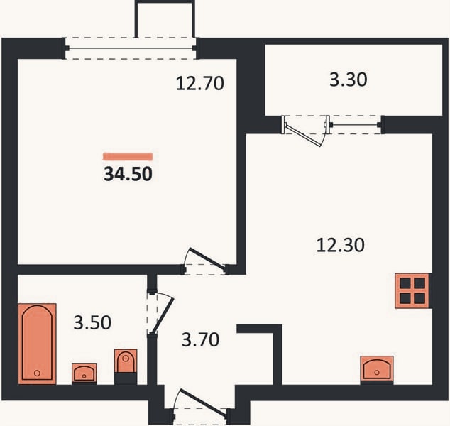 Планировка: 1-к, 34,5 м²