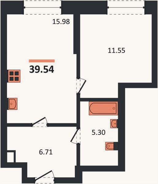 Планировка: 1-к, 39,5 м²