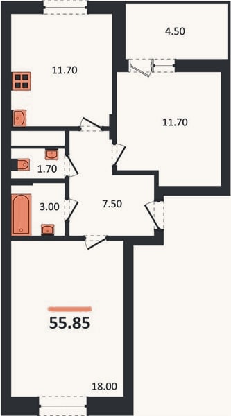 Планировка: 2-к, 55,9 м²