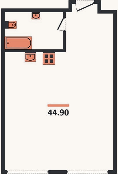 Планировка: 1-к, 44,9 м²
