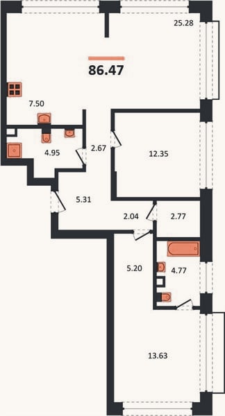 Планировка: 2-к, 86,5 м²