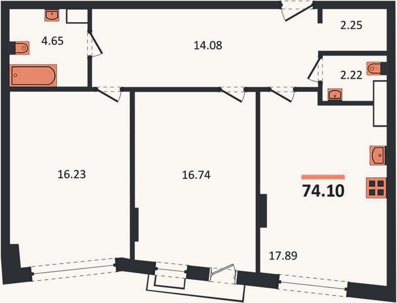 Планировка: 2-к, 74,1 м²