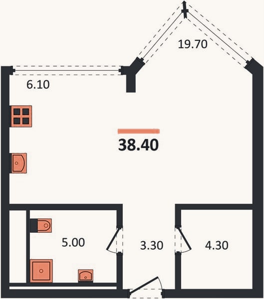Планировка: Студия, 38,4 м²