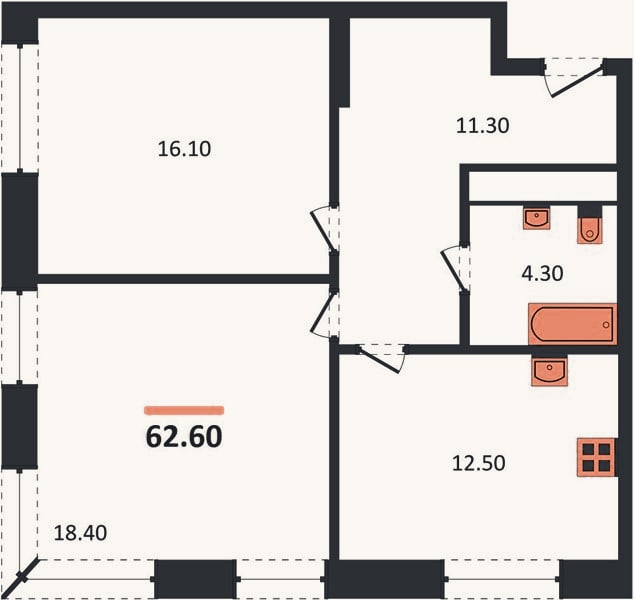 Планировка: 2-к, 62,6 м²