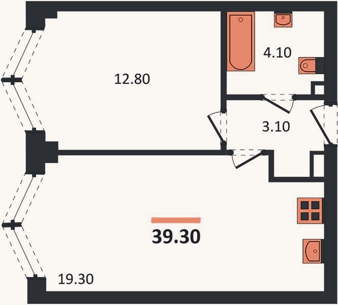 Планировка: 1-к, 39,3 м²