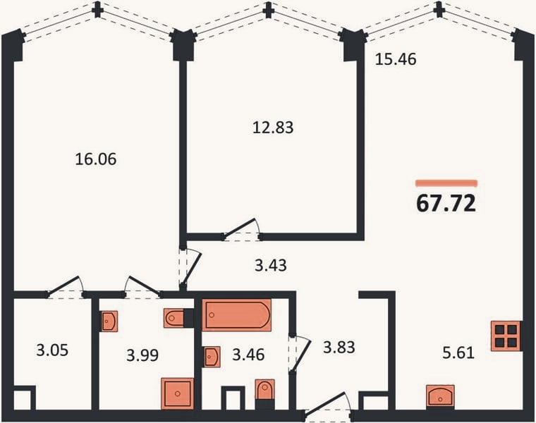 Планировка: 2-к, 67,7 м²