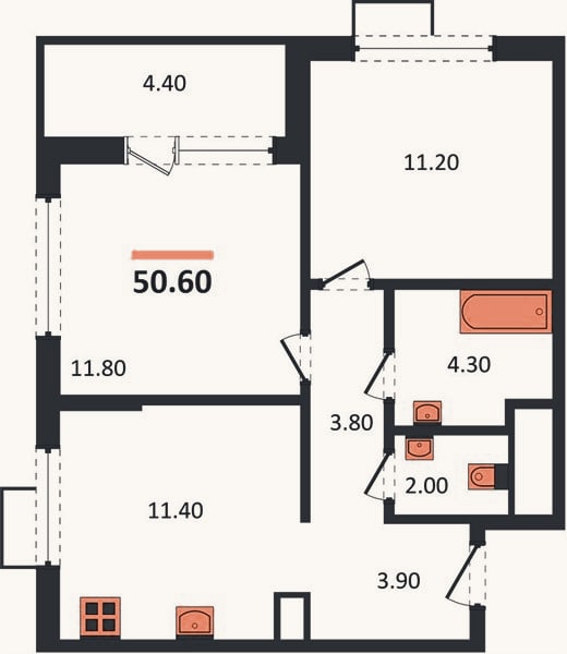 Планировка: 2-к, 50,6 м²