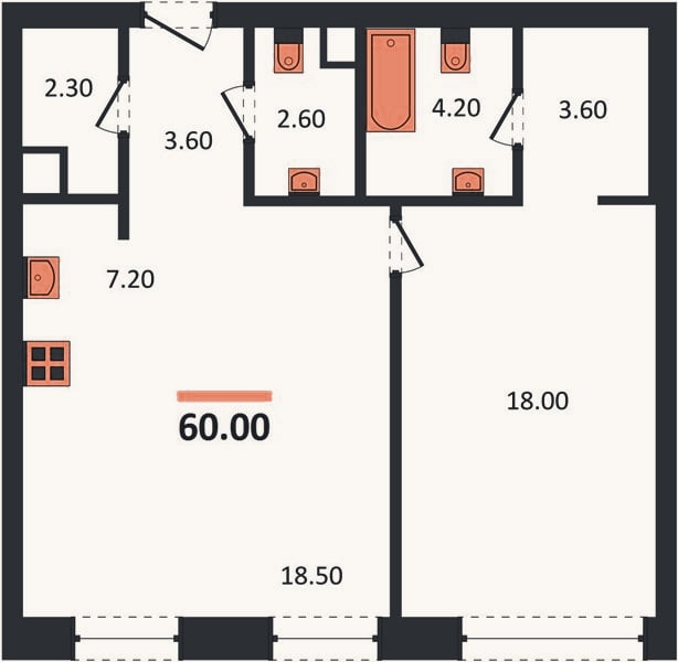 Планировка: 1-к, 60 м²
