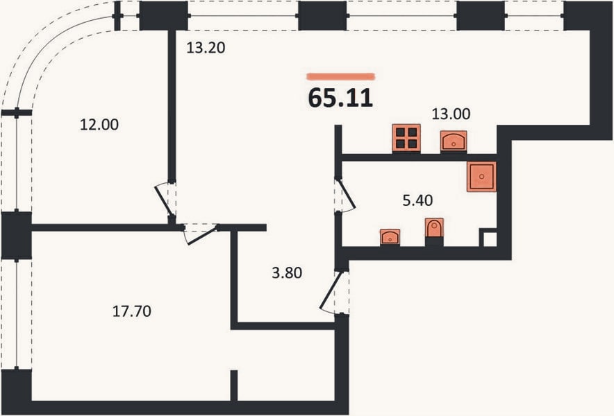 Планировка: 2-к, 65,1 м²