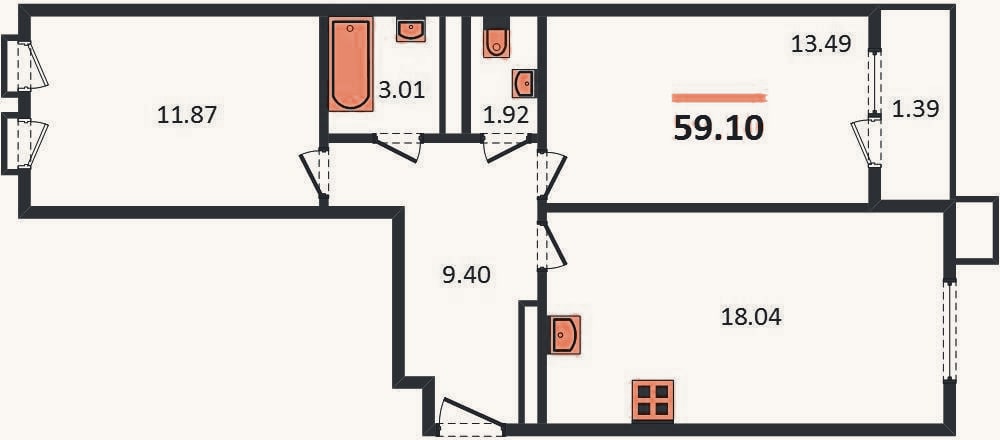 Планировка: 2-к, 59,1 м²