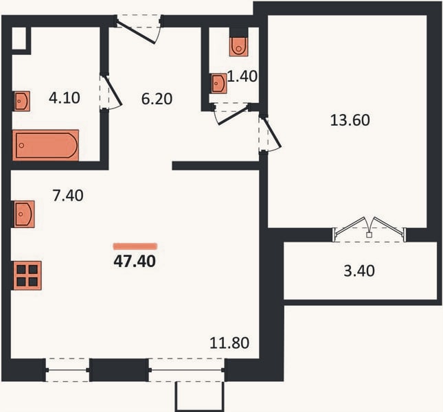 Планировка: 1-к, 47,4 м²