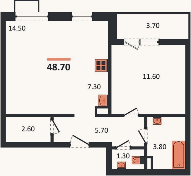 Планировка: 1-к, 48,7 м²