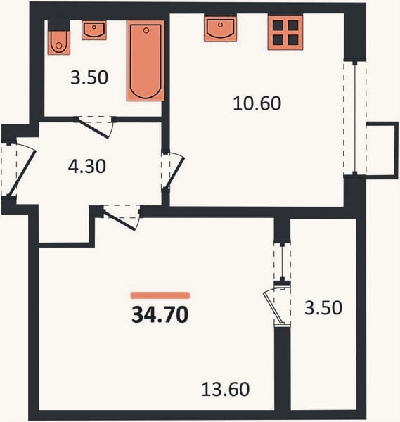 Планировка: 1-к, 34,7 м²