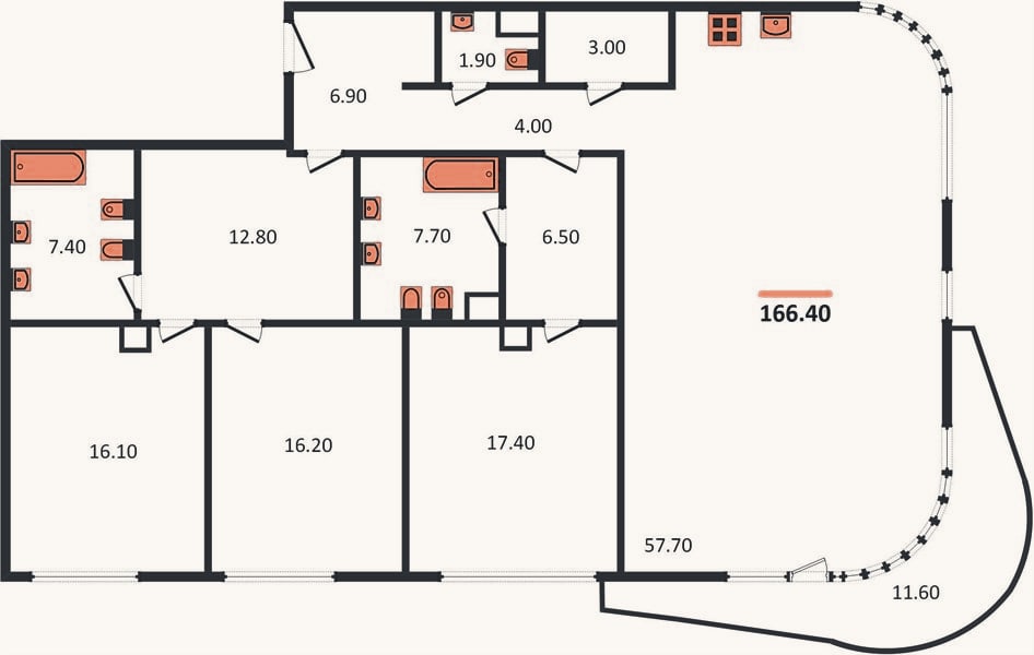 Планировка: 3-к, 166,4 м²