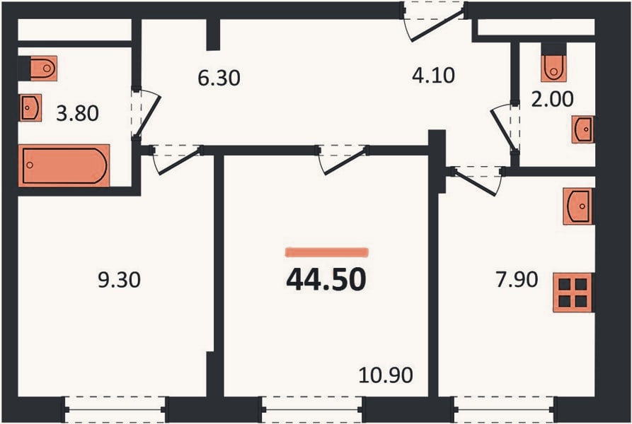 Планировка: 2-к, 44,5 м²