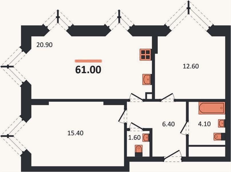 Планировка: 2-к, 61 м²