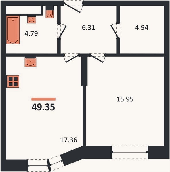 Планировка: 1-к, 49,4 м²