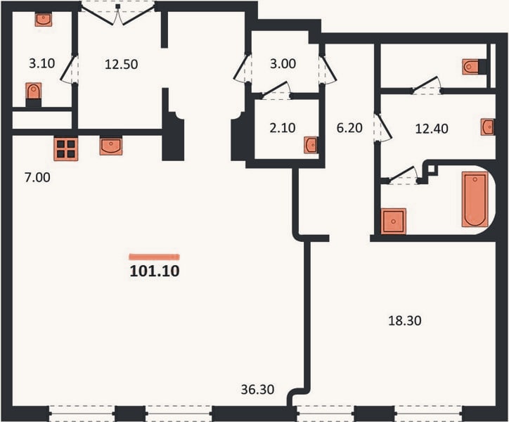 Планировка: 1-к, 101,1 м²