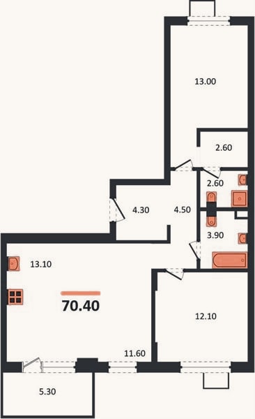 Планировка: 2-к, 70,4 м²