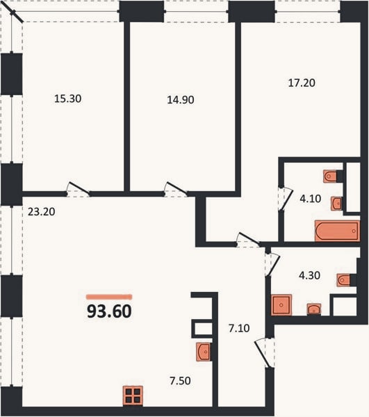 Планировка: 3-к, 93,6 м²