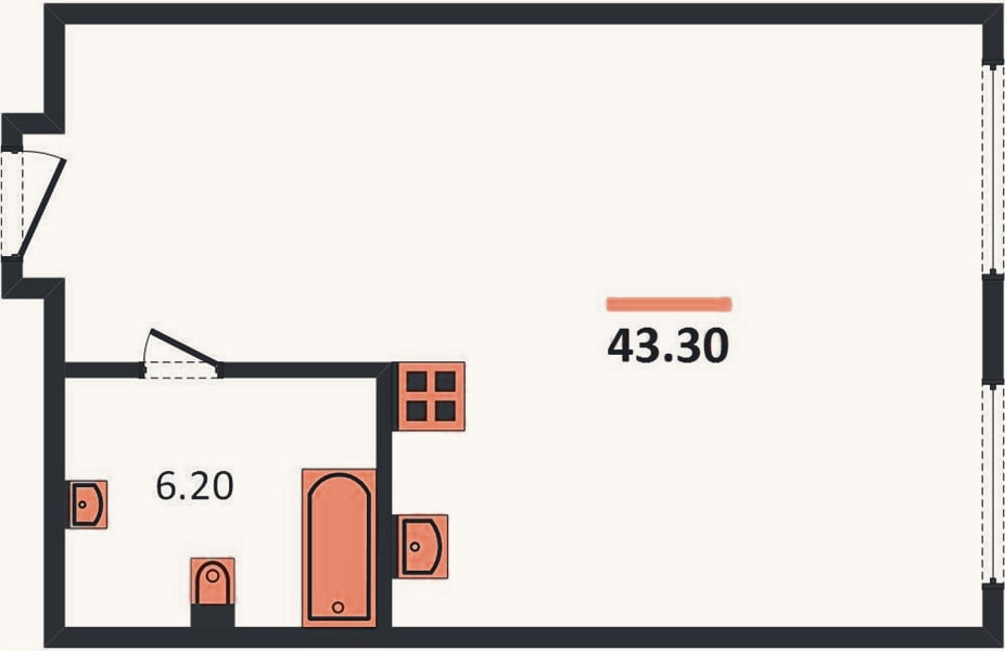 Планировка: 2-к, 43,3 м²
