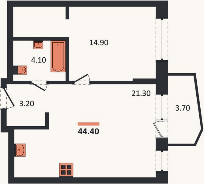 Планировка: 1-к, 44,4 м²