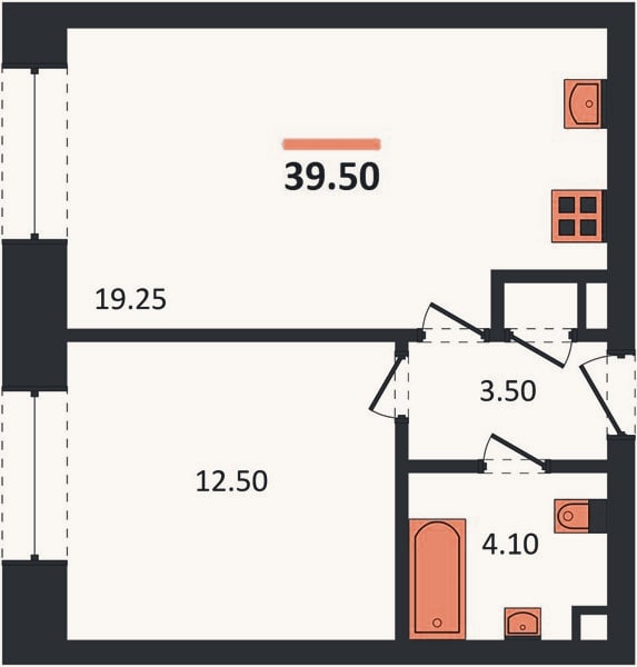 Планировка: 1-к, 39,5 м²