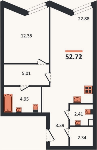 Планировка: 1-к, 52,7 м²